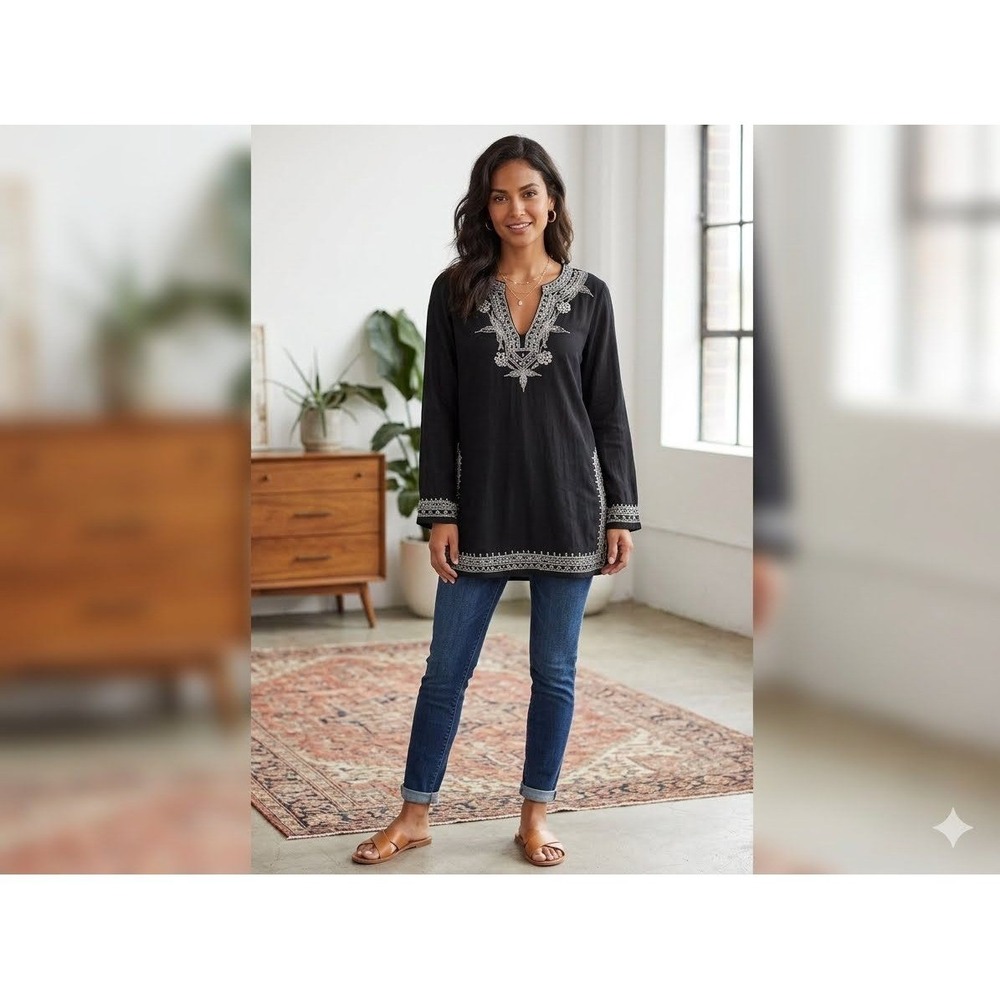 Peppermint Bay Womens Black Embroidered Cotton Tunic Top Boho V-Neck Small